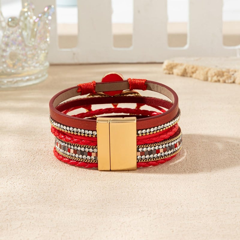 Rantanto Braid Leather Wrap Bracelet Trendy Stackable Crystal Cuff Boho Gold Heart Bracelet Jewelry Gift For Women - Image 5